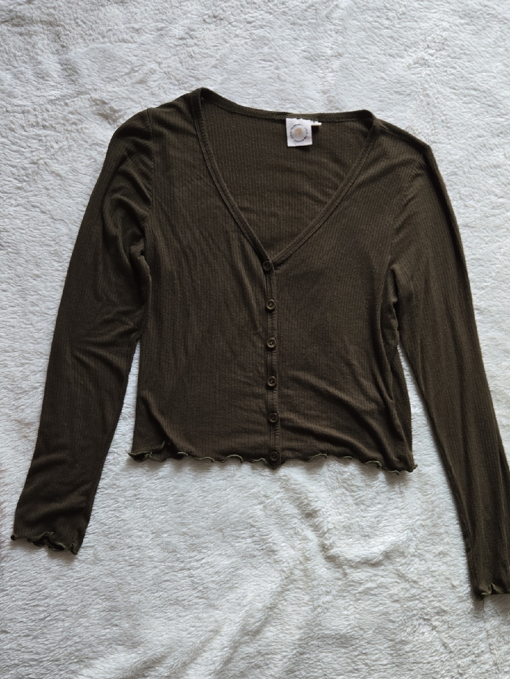 Live in the Moment Ribbed Lettuce Edge Top Small Olive Green Faux Button Front - Picture 3 of 11
